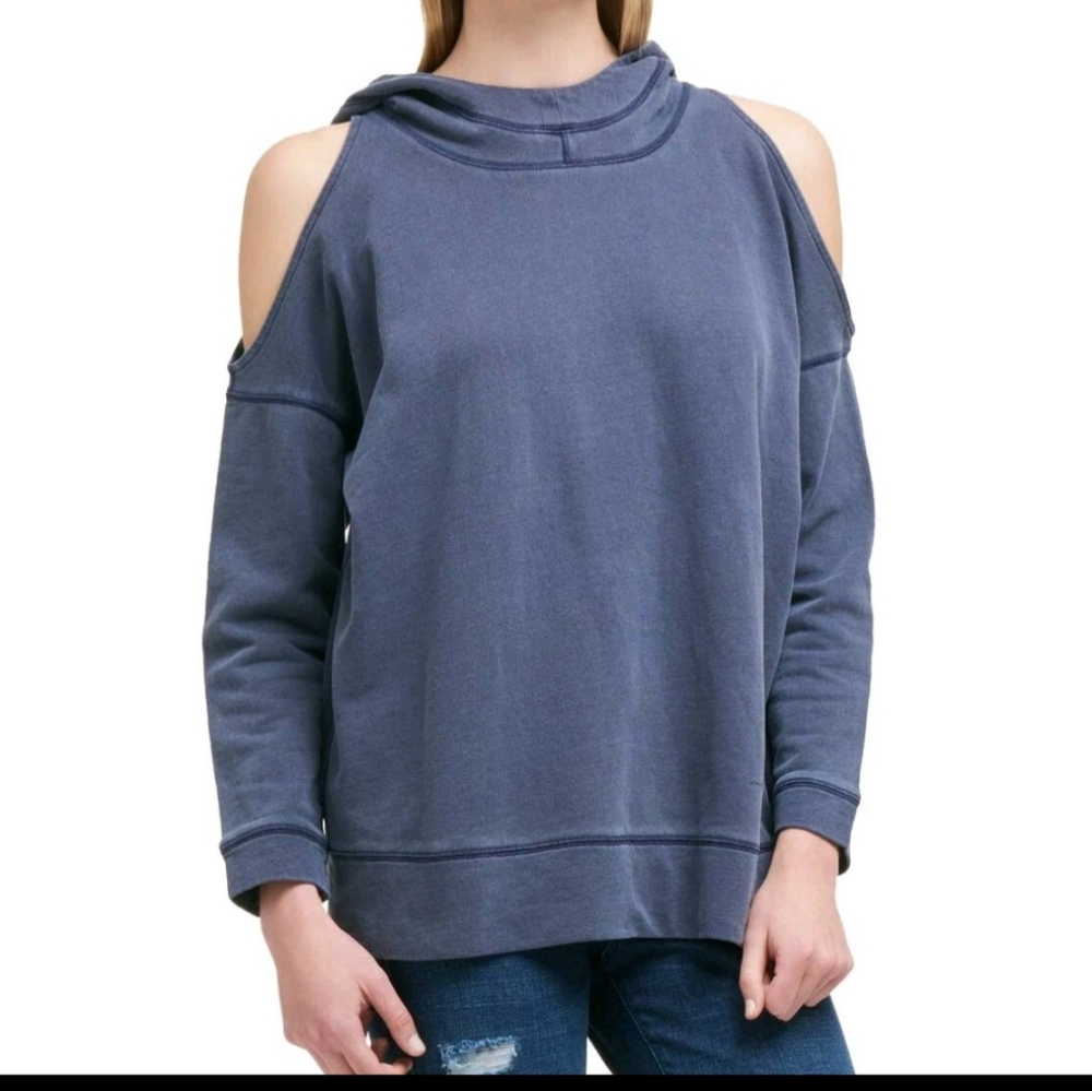 DKNY .Women's Navy Cold Shoulder Cotton Pullover Hoodie Top